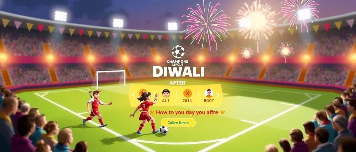 Champions League Clash Diwali Football Festival Champions League Clash Diwali event screenshot showing stadium decorated with lights, players in traditional Diwali outfits and firework celebrations after goal