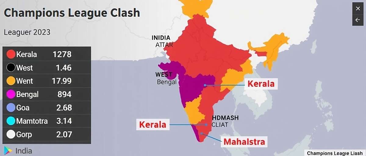 Champions League Clash Player Distribution in India Map of India showing Champions League Clash player distribution with highest concentration in Kerala, West Bengal, Goa and Maharashtra