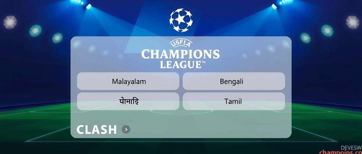 Champions League Clash Multi-language Support Champions League Clash language selection screen showing various Indian language options including Malayalam, Bengali, Hindi and Tamil