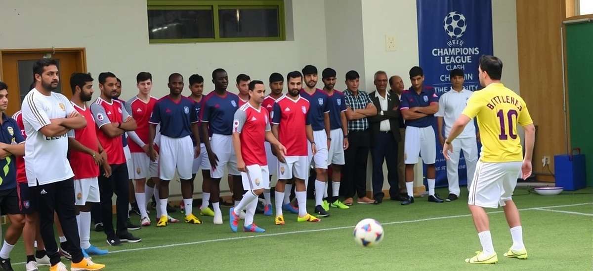 Champions League Clash Community Event Champions League Clash community event in India showing players competing in a tournament with Indian football celebrities in attendance